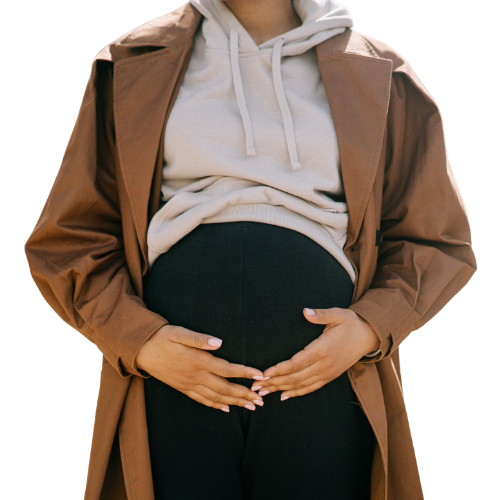 Pregnant mother supported by her village with comfort, a drink, and a meal