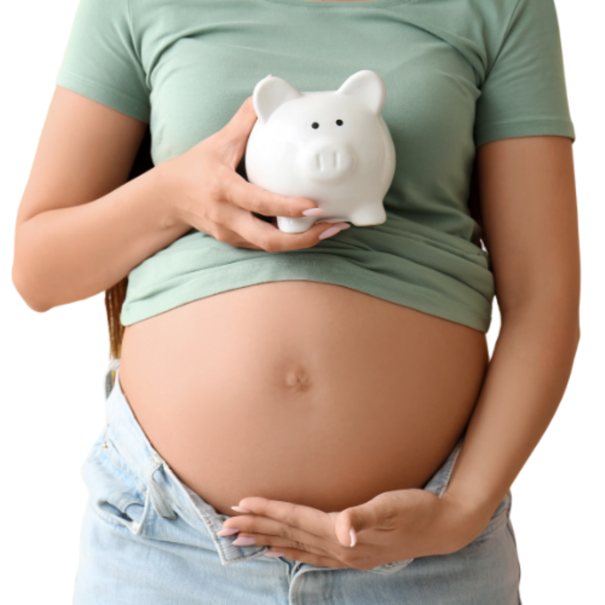 Expectant parent holding a piggy bank